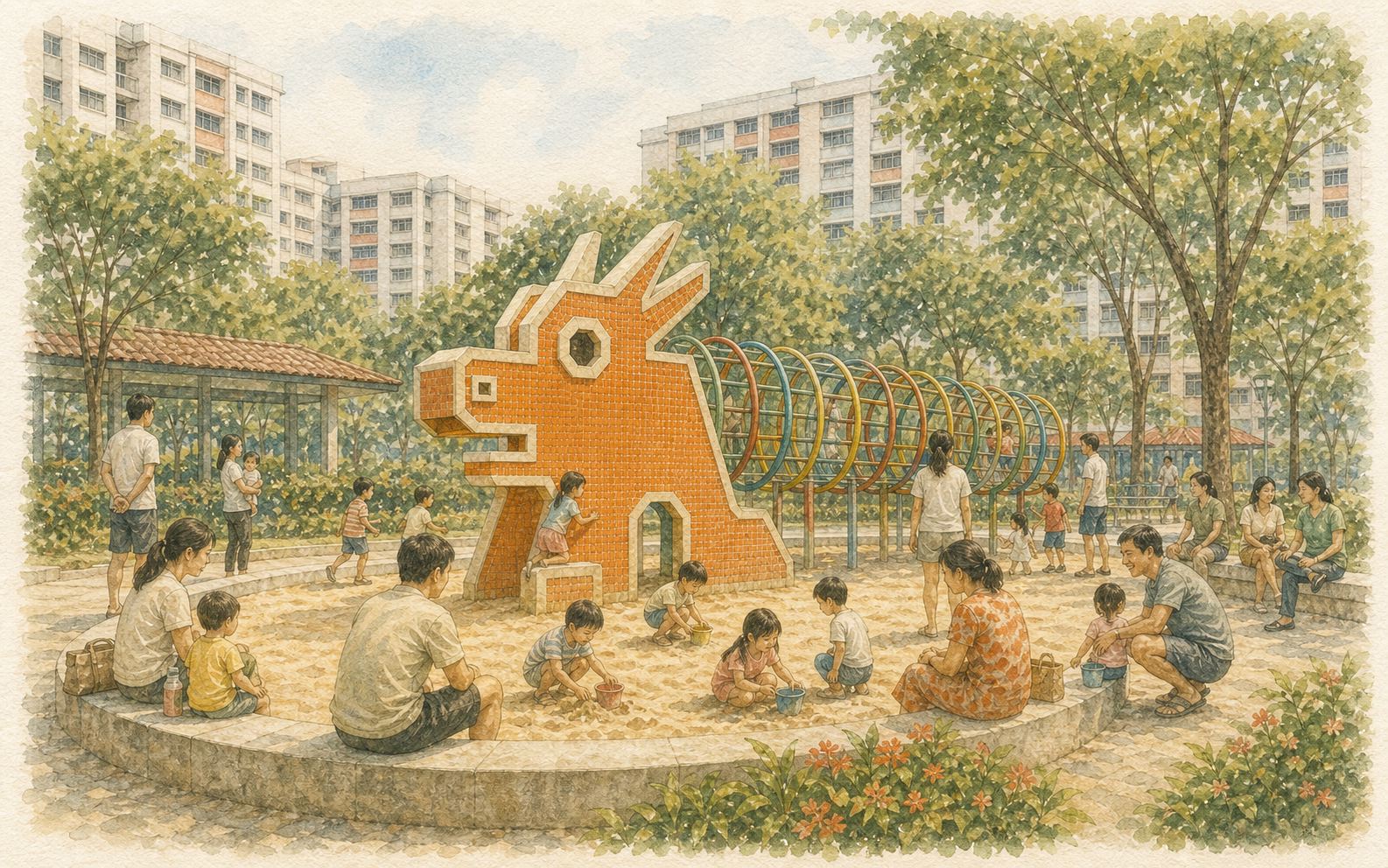 Watercolor Singapore Dragon Playground with children, parents, and caregivers