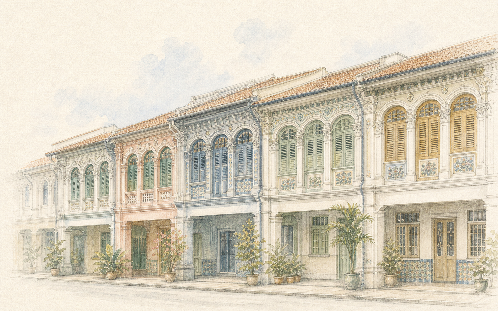 Watercolor Singapore shophouses in a row