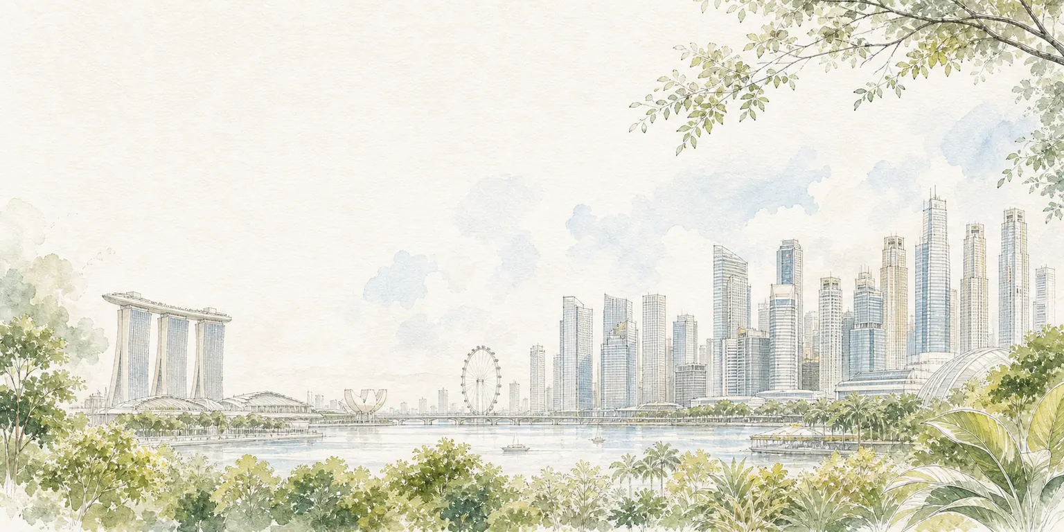 Bright watercolor Singapore skyline