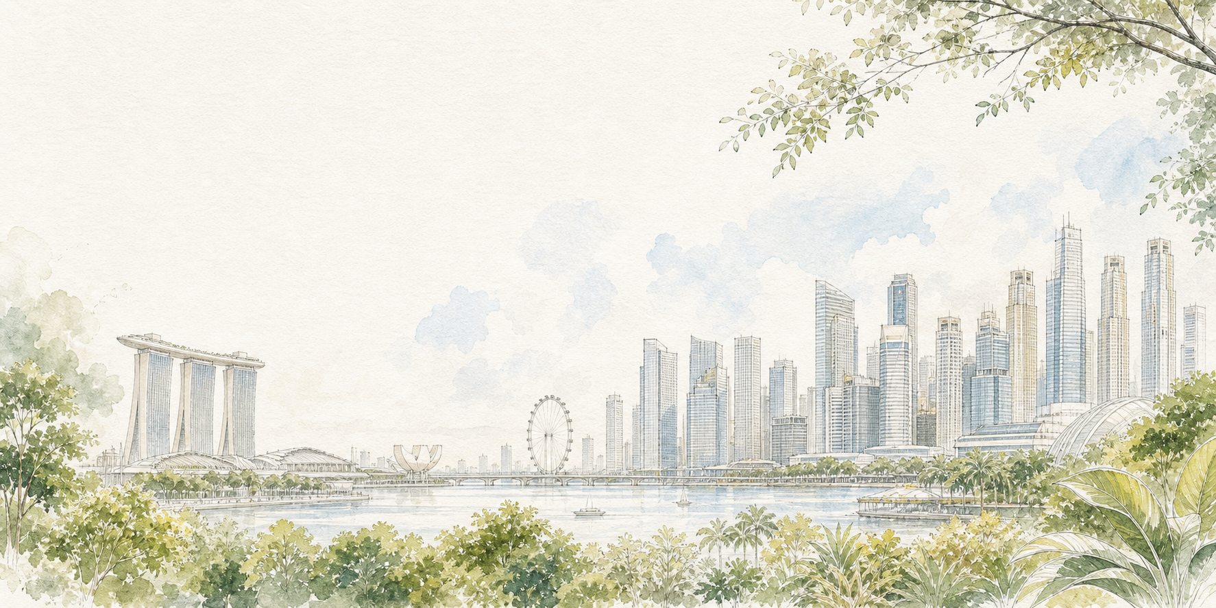 Bright watercolor Singapore skyline